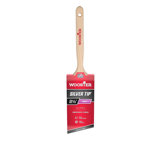The WOOSTER Silver Tip Paint Brush features a wooden handle and striking red packaging, offering a 2.5-inch width that is perfect for precision painting. The packaging highlights its ability to provide smooth coverage, making it suitable for all types of paint and guaranteeing a flawless finish.